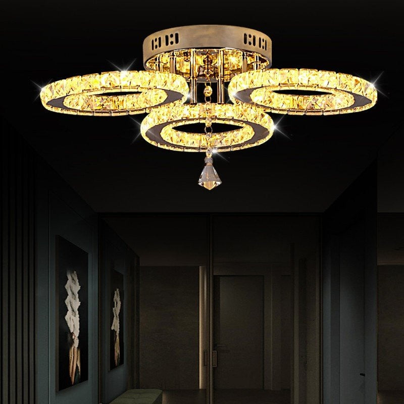 Crystal Chandelier Ceiling Lamp 3 Rings Chrome Finish Modern Flush Mount Ceiling Light Fixtures for Bedroom Living Room Kids