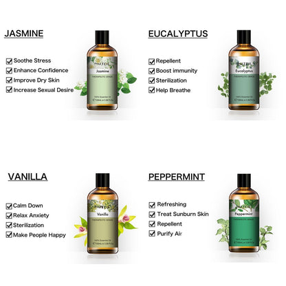3.38Oz 100ml Lavender Essential Oil Diffuser Pure Natural Plant Essential Oils Vanilla Mint Lemon Tea Tree Citronella Aroma