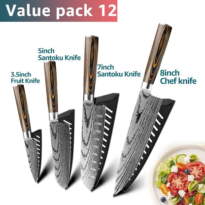 Chef Knife Set - 7CR17 440C High Carbon Stainless Steel Blades with Imitation Damascus Design and Precision Laser Finish for Culinary Mastery