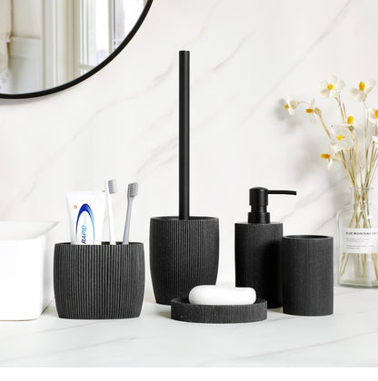 Sleek Black Bathroom Set: Soap Dispenser, Toothbrush Holder, Tumbler, Soap Dish, Mouthwash Cup, Toilet Brush Holder