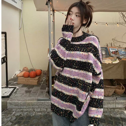 Retro Striped Round Neck Sweater