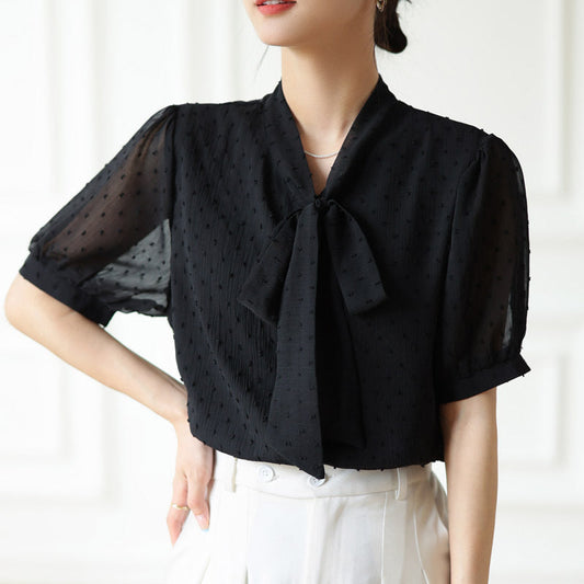 Bow Lace-up Polka Dots Short Sleeve Top