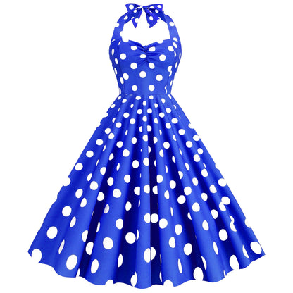 Women's Fashion Retro Hepburn Style Halter Polka-dot Slim-fit Large Swing Dress