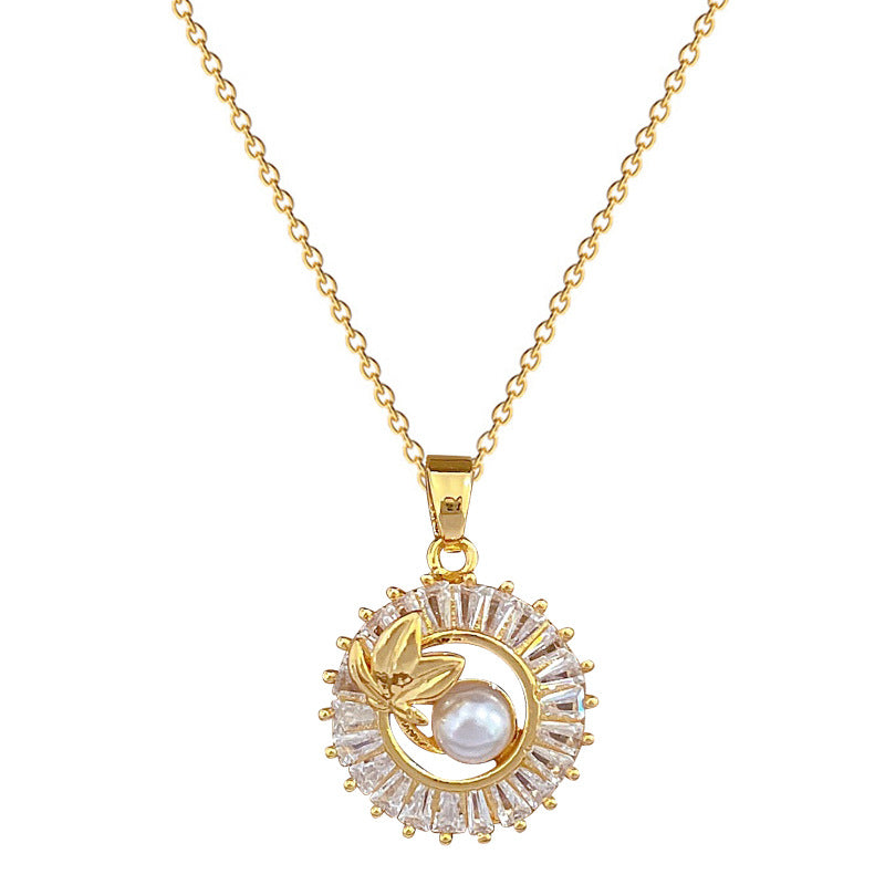 Square Full Diamond  Round Ring Leaves Necklace And Earrings Suite