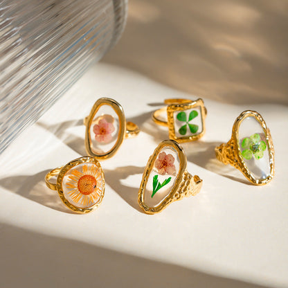 Stainless Steel Round Preserved Flower Orange Ring