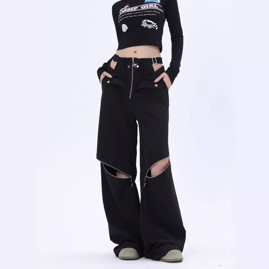 Y2K Black Cargo Pants with Zipper