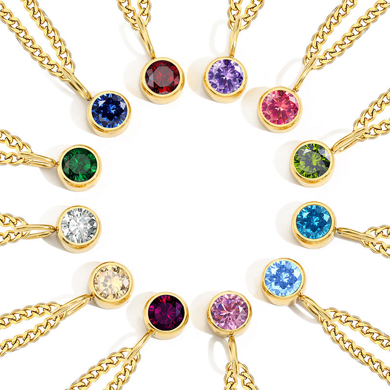 Stainless Steel Necklace With Diamond Birthstone Pendant