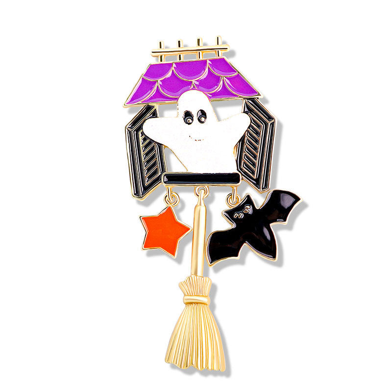 Halloween Cartoon Pumpkin Head Broom Brooch