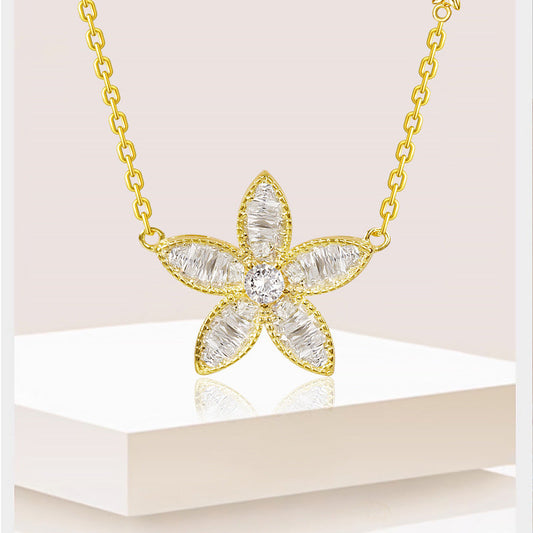 Sterling Silver Rhinestone Flower Pendant Necklace