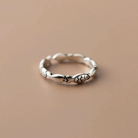 Retro Thai Silver Fish Adjustable Ring Bracelet