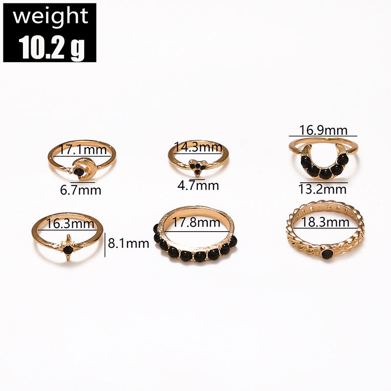 Black Gemstone Star Moon 6-piece Set Ring