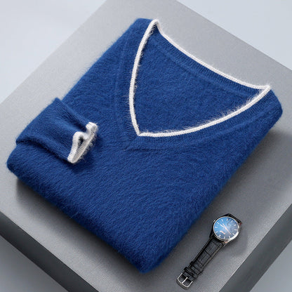 Men's Pullover V-neck Loose Color Matching Plus Size Thermal Sweater