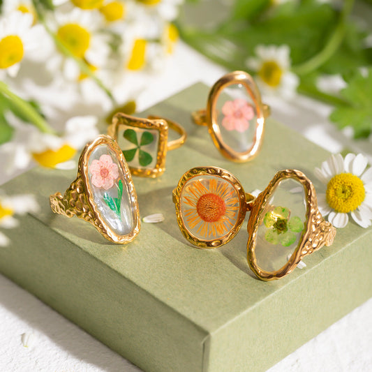 Stainless Steel Round Preserved Flower Orange Ring