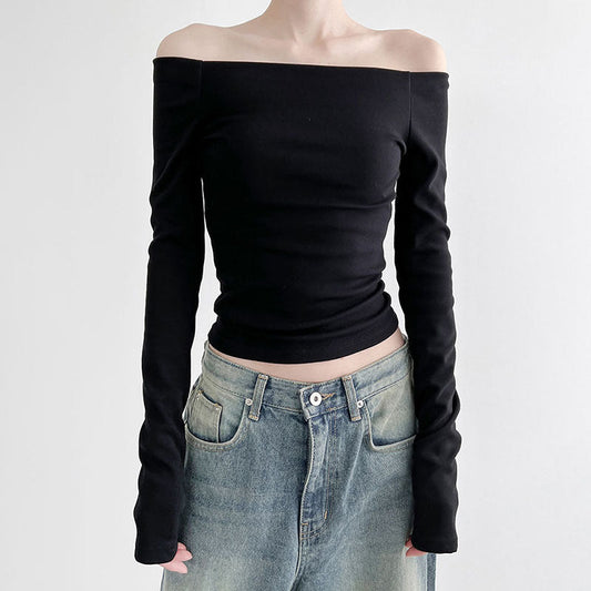 Ins Style Simple Solid Color Off-neck Shoulder-baring Bottoming T-shirt