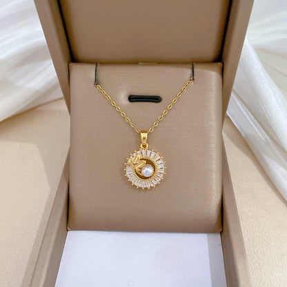 Square Full Diamond  Round Ring Leaves Necklace And Earrings Suite