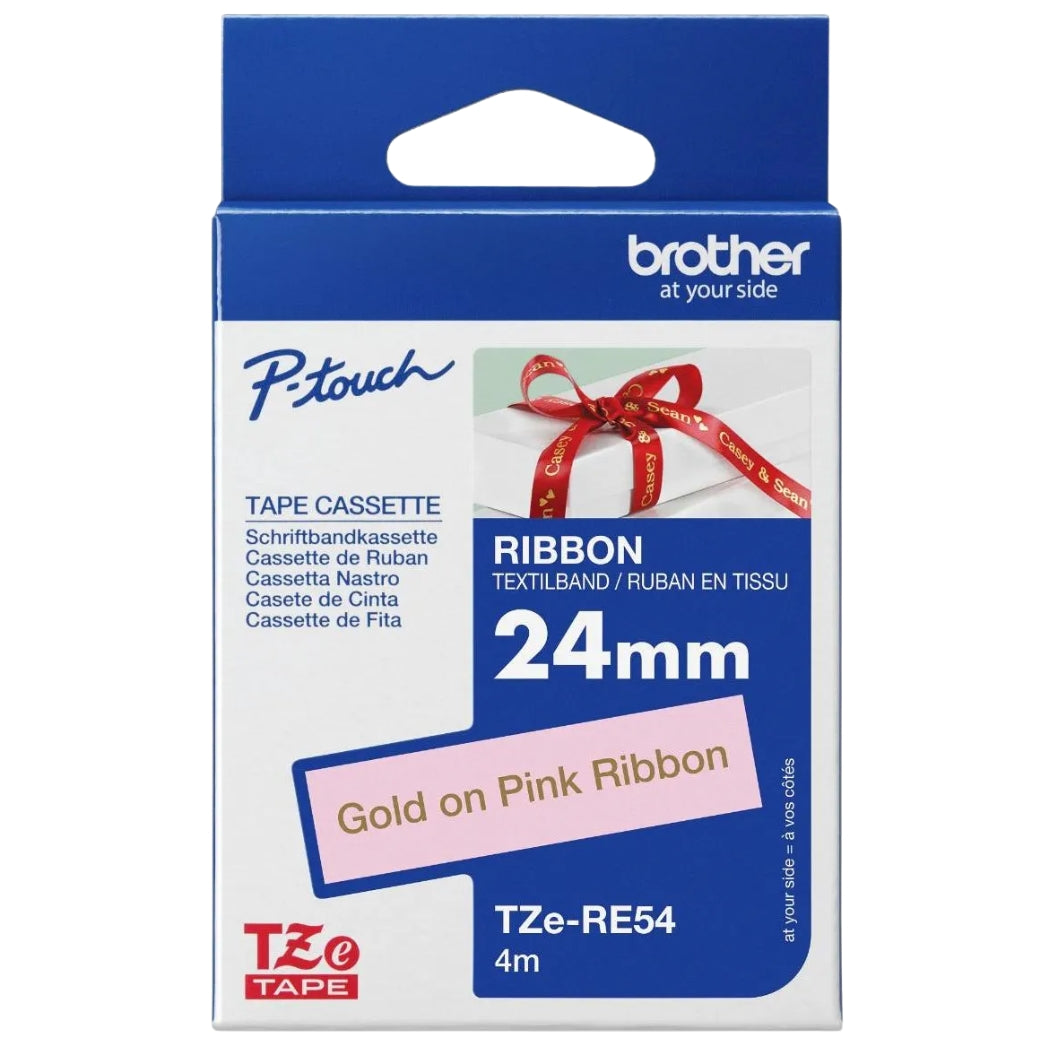 New, Pre-owned, Original Brother textile tape TZe-RE54 gold on pink - 24 mm wide, 4 meters long (including for P-touch H200, H100LB/R, H105, E100/VP, D200/BW/VP, D210/VP, Cube, Cube Plus)