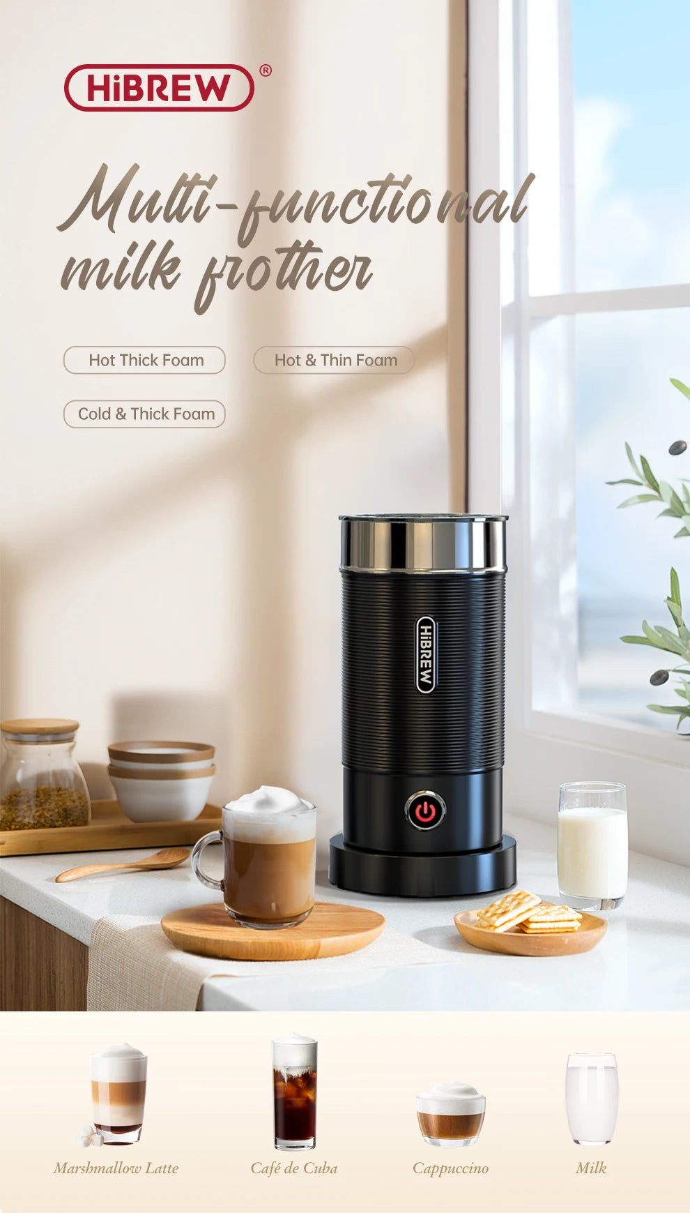 HiBREW Milk Frother Frothing Foamer Chocolate Mixer Cold/Hot Latte Cappuccino fully automatic Milk Warmer Cool Touch M1A