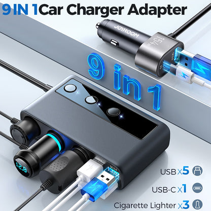 9 in 1 Car Charger Adapter with PD, 3 Sockets, Cigarette Lighter Splitter, and Independent Switches for DC Cigarette Outlet