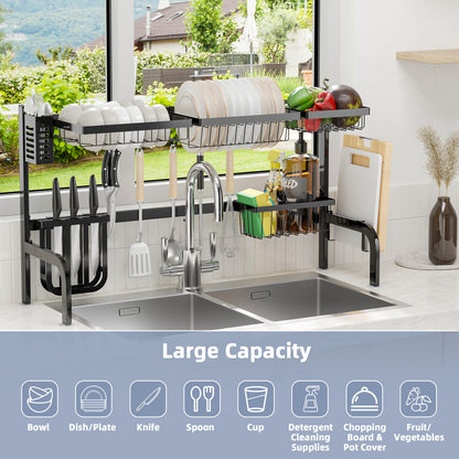 Costway Over Sink Dish Drying Rack 2 Tier Adjustable (21"-39") Length w/ 8 Hooks