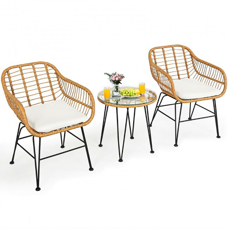3 Pieces Rattan Furniture Set with Cushioned Chair Table Living Room Outdoor Garden Coffee Chair Leisure Chairs
