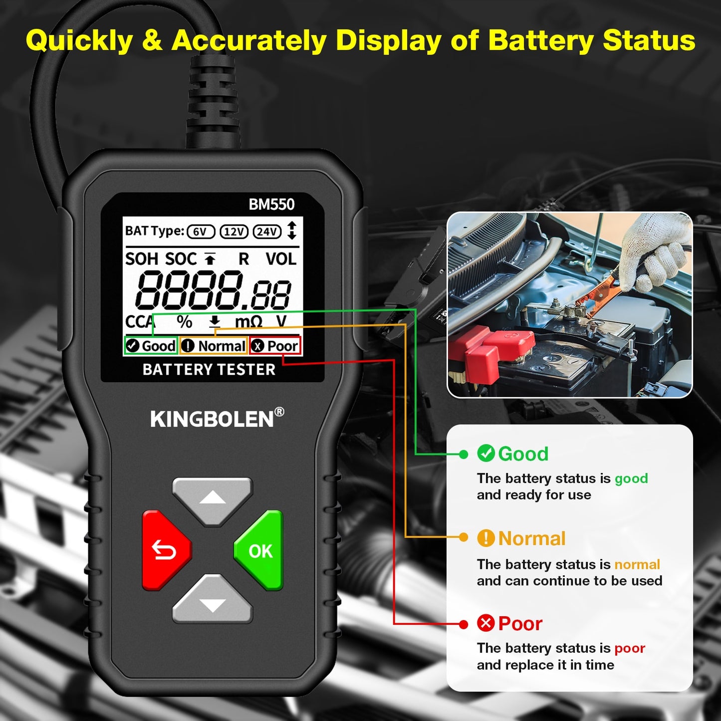 KINGBOLEN BM550 Car Battery Tester 6V 12V 24V 100-2000 CCA Battery System Detect Auto Battery Analyzer Car Battery Tool PK KW208