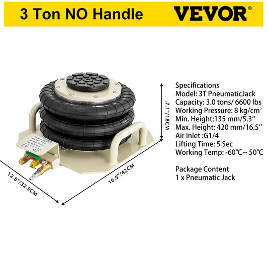 3 Ton / 5 Ton Triple Bag Air Pneumatic Jack with Adjustable Handle for Cars, Vans, and SUVs