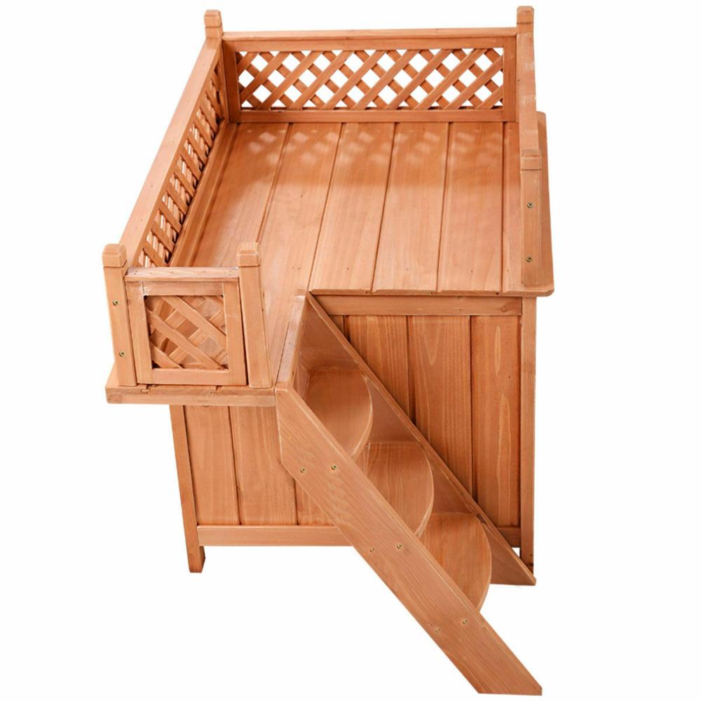 Costway Wooden Puppy Pet Dog House Wood Room In/outdoor Raised Roof Balcony Bed Shelter PS7391