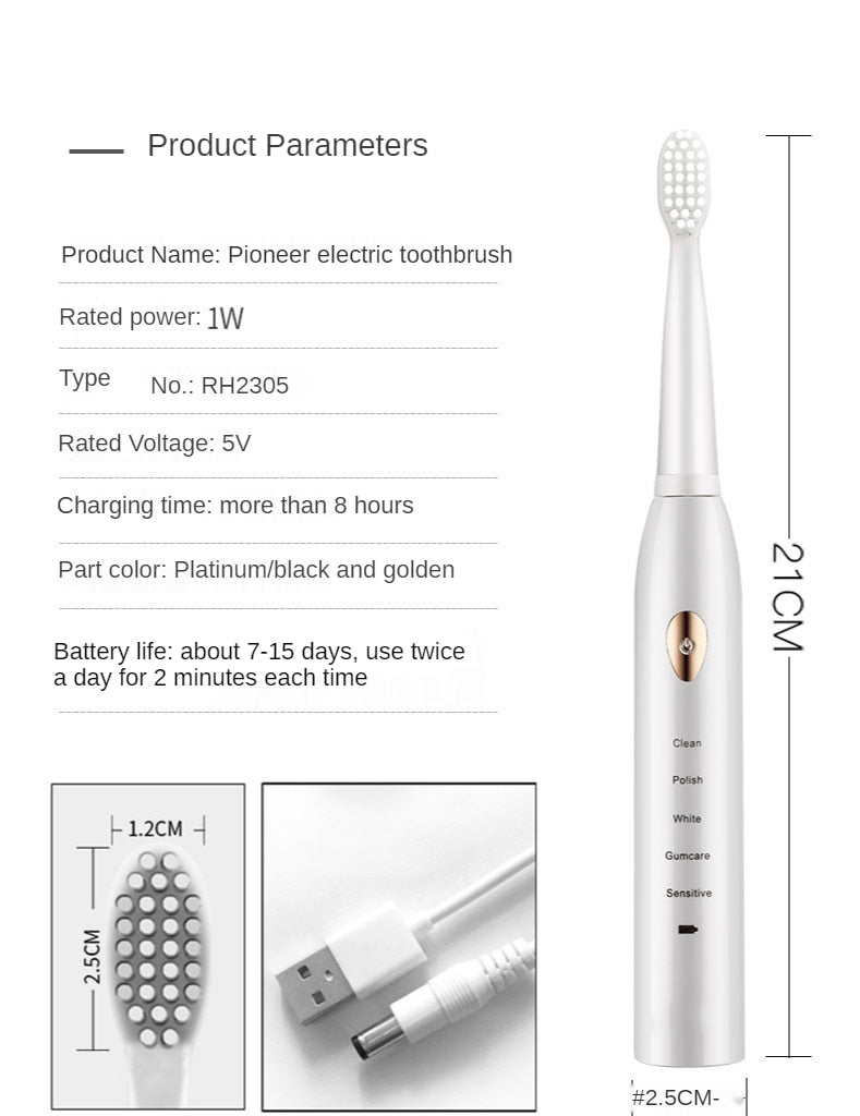 Jianpai Adult Black White Classic Acoustic Electric Toothbrush Adult 5-gear Mode USB Charging IPX7 Waterproof Acoustic Electric