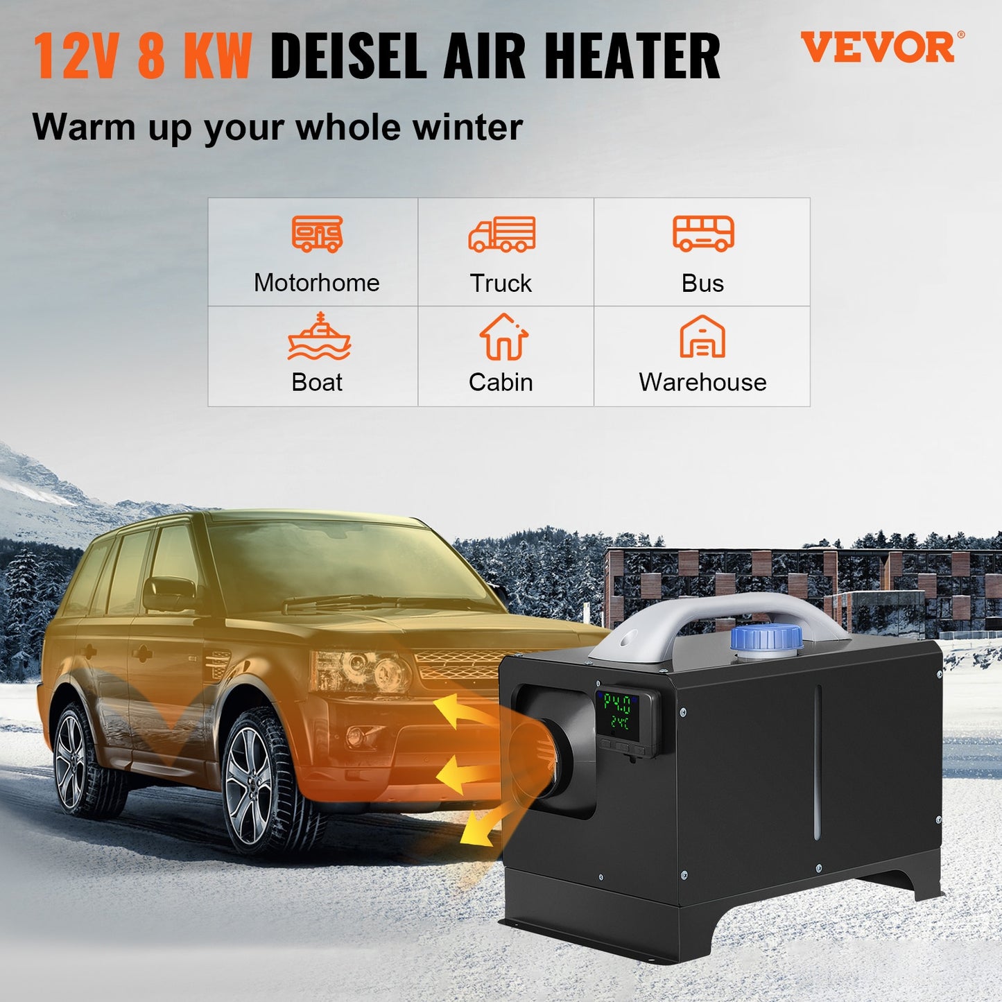 VEVOR 3 / 5 / 8KW 12V Diesel Air Heater All-in-One Mini Heater with Silencer LCD Switch Remote Control for Car Bus RV Trucks SUV