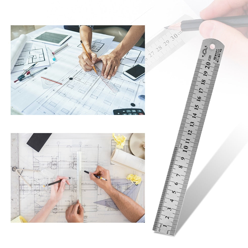 Double Side Stainless Steel Straight Ruler Metric Rule Precision Measuring Tool 15/20/30/40/50cm School Office Drawing Supplies