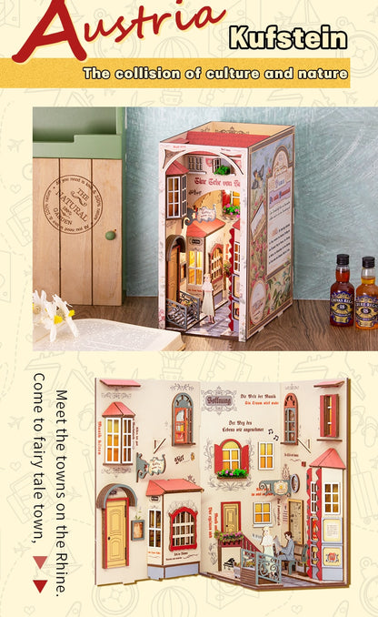 Cutebee DIY Miniature House Book Nook Bookshelf Insert Dollhouse Model Roombox Building Kit Wooden Bookshelf Toys Bookend Gifts