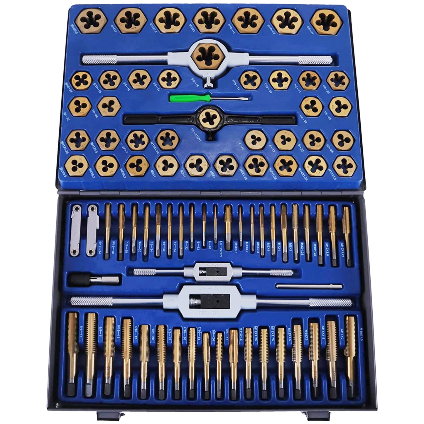 Dual Set Tap and Die Kit - 86PCS and 110PCS, Tungsten Steel, Titanium Coating, with Wrench and Screwdriver for Repair and Cutting