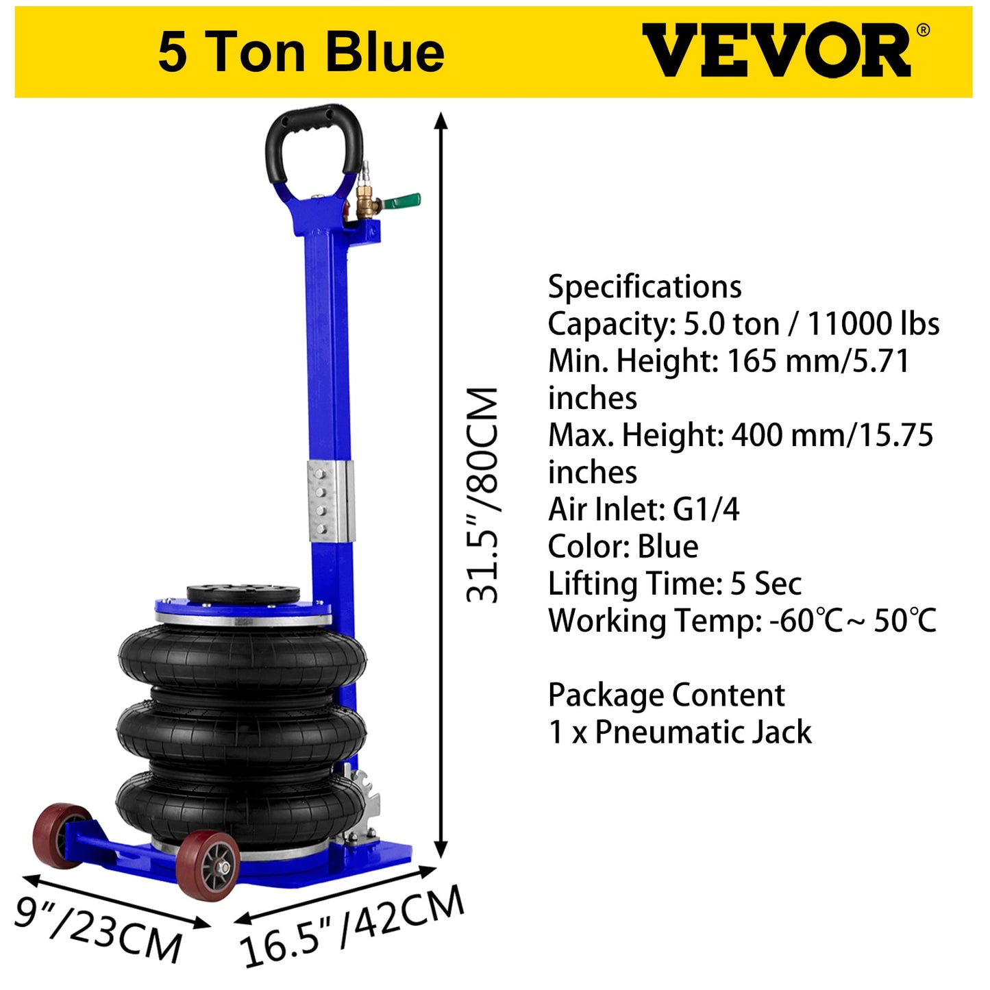 3 Ton / 5 Ton Triple Bag Air Pneumatic Jack with Adjustable Handle for Cars, Vans, and SUVs