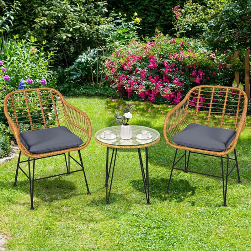 3 Pieces Rattan Furniture Set with Cushioned Chair Table Living Room Outdoor Garden Coffee Chair Leisure Chairs