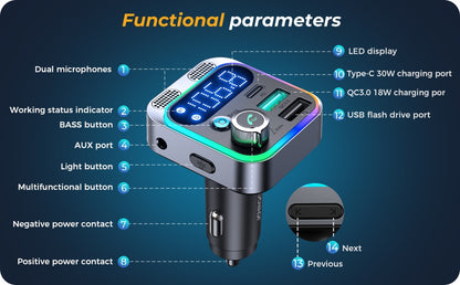 Bluetooth 5.3 FM Transmitter for Car - Enhanced Dual Microphones for Rich Bass Sound - 48W PD & QC3.0 Car Charger Bluetooth Adapter (2023)