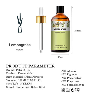 3.4OZ 100ML Lemongrass Aromatic Essential Oil Natural Mint Citronella Tea Tree Vanilla Juniper Geranium Chamomile Jojoba Oil