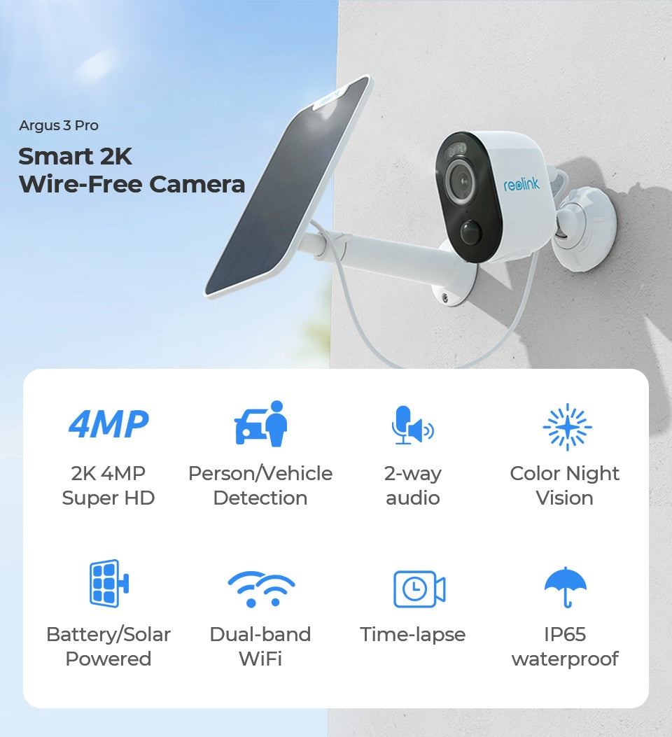 Reolink Argus 3 Pro: Battery-Powered Outdoor Camera with 2.4G/5Ghz WiFi, 4MP Resolution, Human/Car Detection, 2-Way Audio, Spotlight, Smart Home Cam