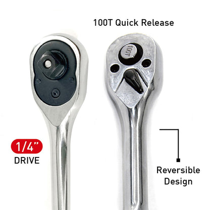 Quick Release Ratchet Handle with 100 Teeth for Narrow Space - Higher Teeth Count Than Standard Ratchets - 1/4", 3/8", or 1/2" Drive