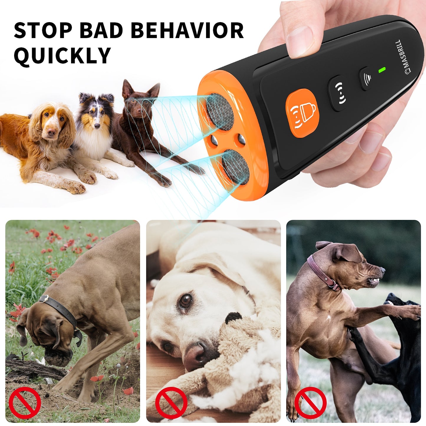 MASBRILL Dog Repeller No Dog Noise Anti Barking Device Ultrasonic Dog Bark Deterrent Devices Training 3 Modes USB Rechargeable