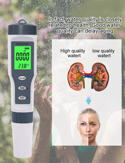 3-in-1 High-Quality pH Meter with TDS/Temp Water Quality Tester Pen - Accurate Conductivity Detector and Purity Monitor Tool