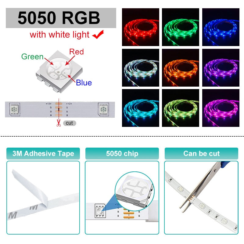 Wi-Fi 5050 RGB LED Light Strips with Bluetooth | Flexible 30LEDs/M RGB Strip Lamp | DC 12V Backlight Tape Mural for TV Home Decoration
