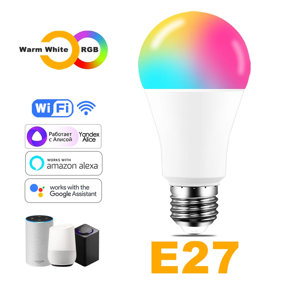 Wi-Fi Smart RGB + White Light Bulb - Alexa/Google Home Compatible - Dimmable, Timer, Color Changing