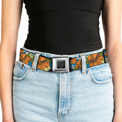 BD Wings Logo CLOSE-UP Full Color Black Silver Seatbelt Belt - Hibiscus Collage Blue/Orange/Yellow Webbing