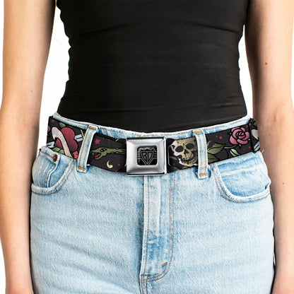 BD Wings Logo CLOSE-UP Full Color Black Silver Seatbelt Belt - Live Hard Die Young CLOSE-UP Black Webbing