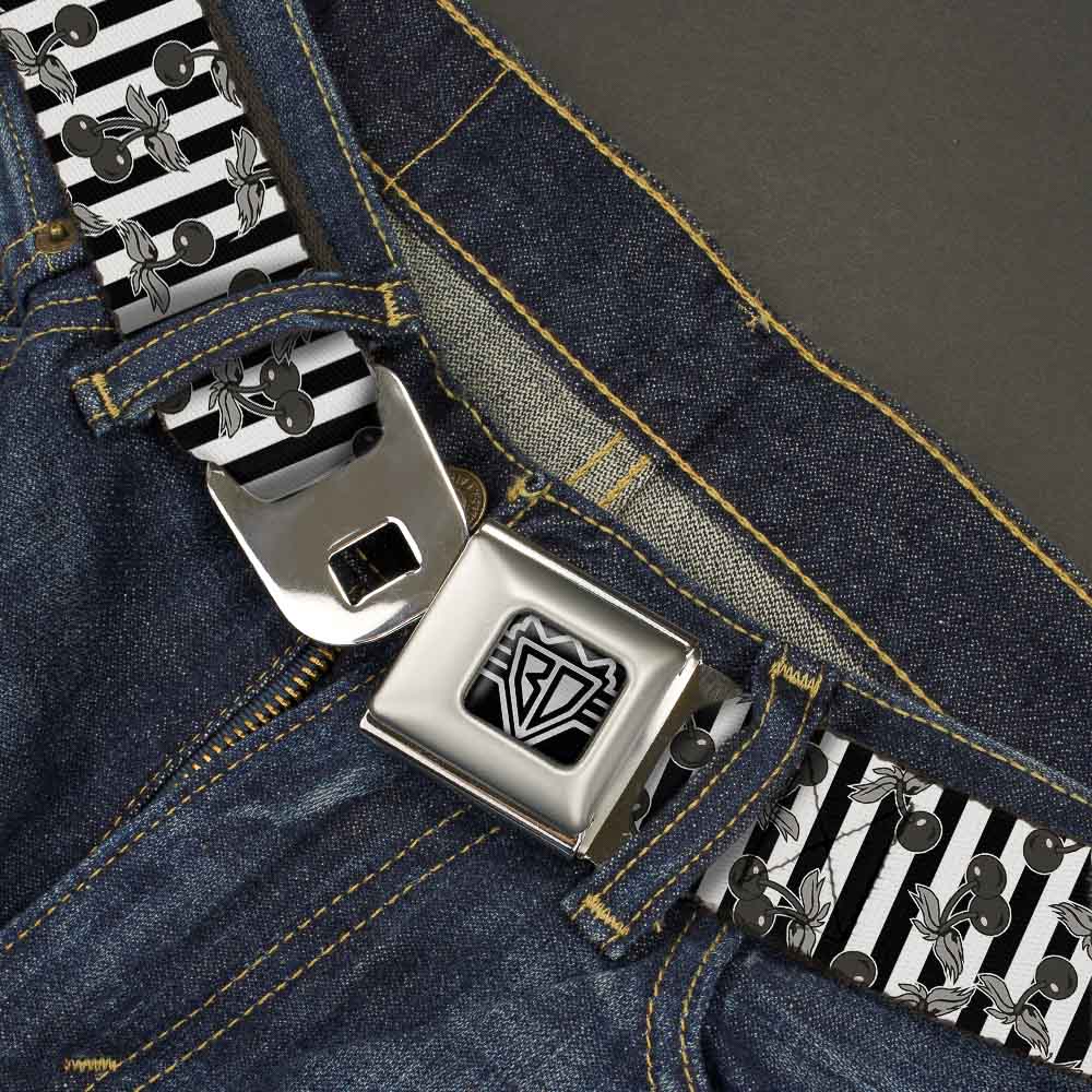 BD Wings Logo CLOSE-UP Full Color Black Silver Seatbelt Belt - Cherries Scattered/Vertical Stripe White/Black/Grays Webbing