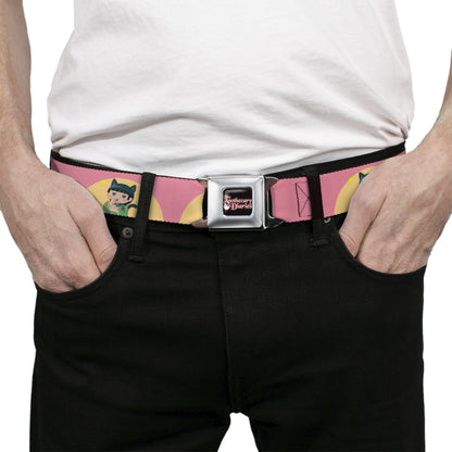 THE APOTHECARY DIARIES Title Logo Full Color Black/Red/White Seatbelt Belt - The Apothecary Diaries Chibi Maomao Cat Pose Pink/Yellow Webbing