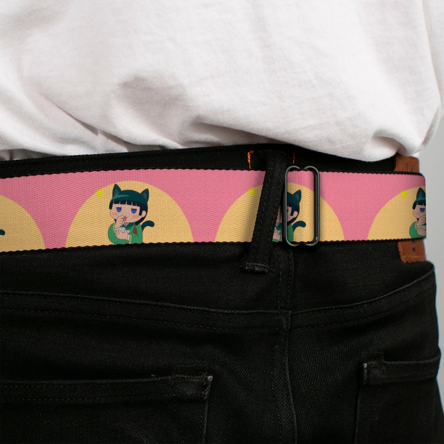 THE APOTHECARY DIARIES Title Logo Full Color Black/Red/White Seatbelt Belt - The Apothecary Diaries Chibi Maomao Cat Pose Pink/Yellow Webbing