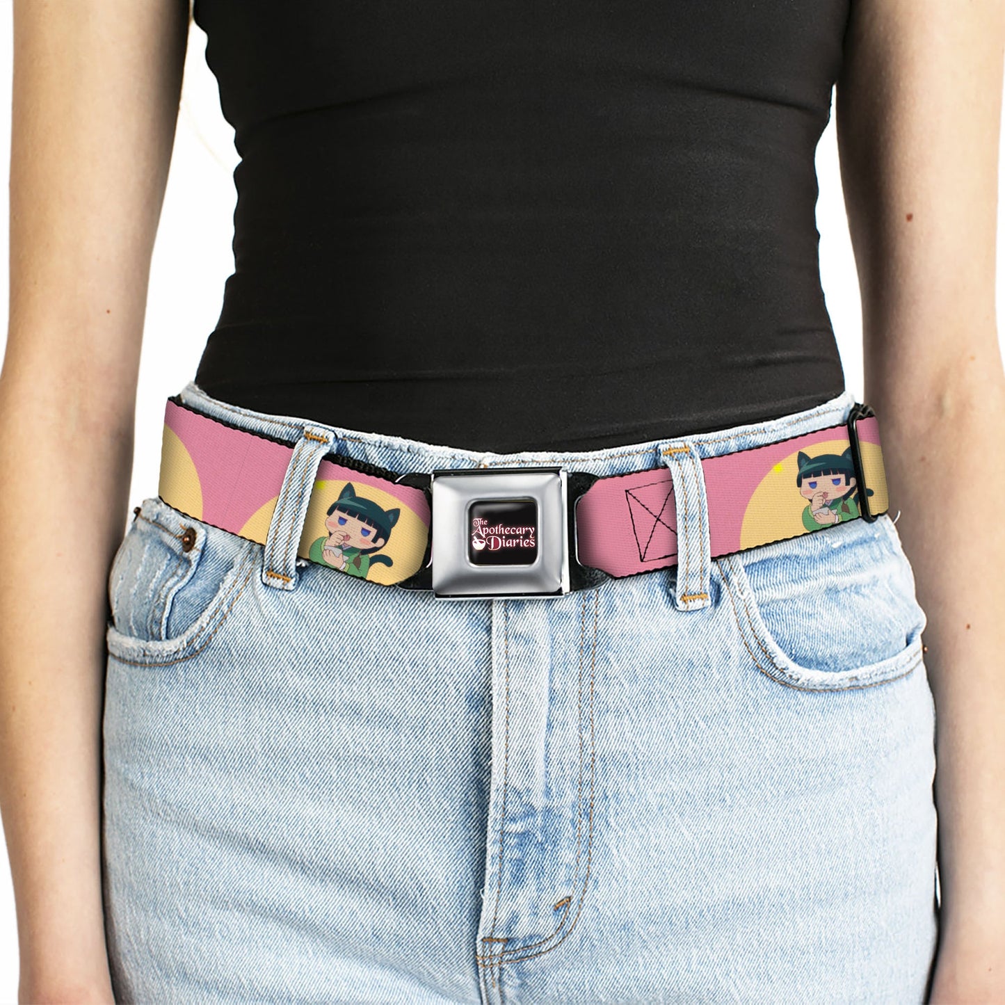 THE APOTHECARY DIARIES Title Logo Full Color Black/Red/White Seatbelt Belt - The Apothecary Diaries Chibi Maomao Cat Pose Pink/Yellow Webbing