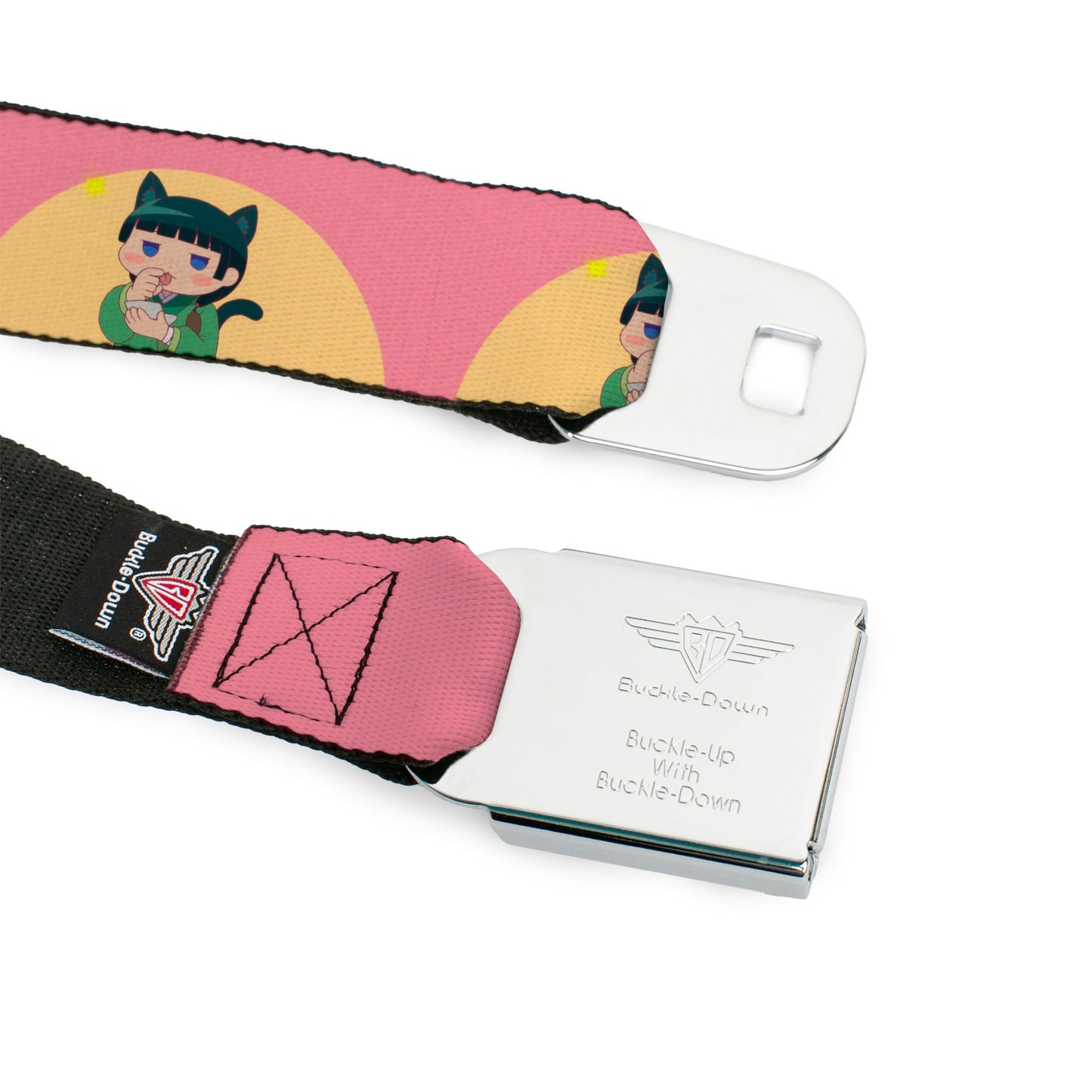 THE APOTHECARY DIARIES Title Logo Full Color Black/Red/White Seatbelt Belt - The Apothecary Diaries Chibi Maomao Cat Pose Pink/Yellow Webbing