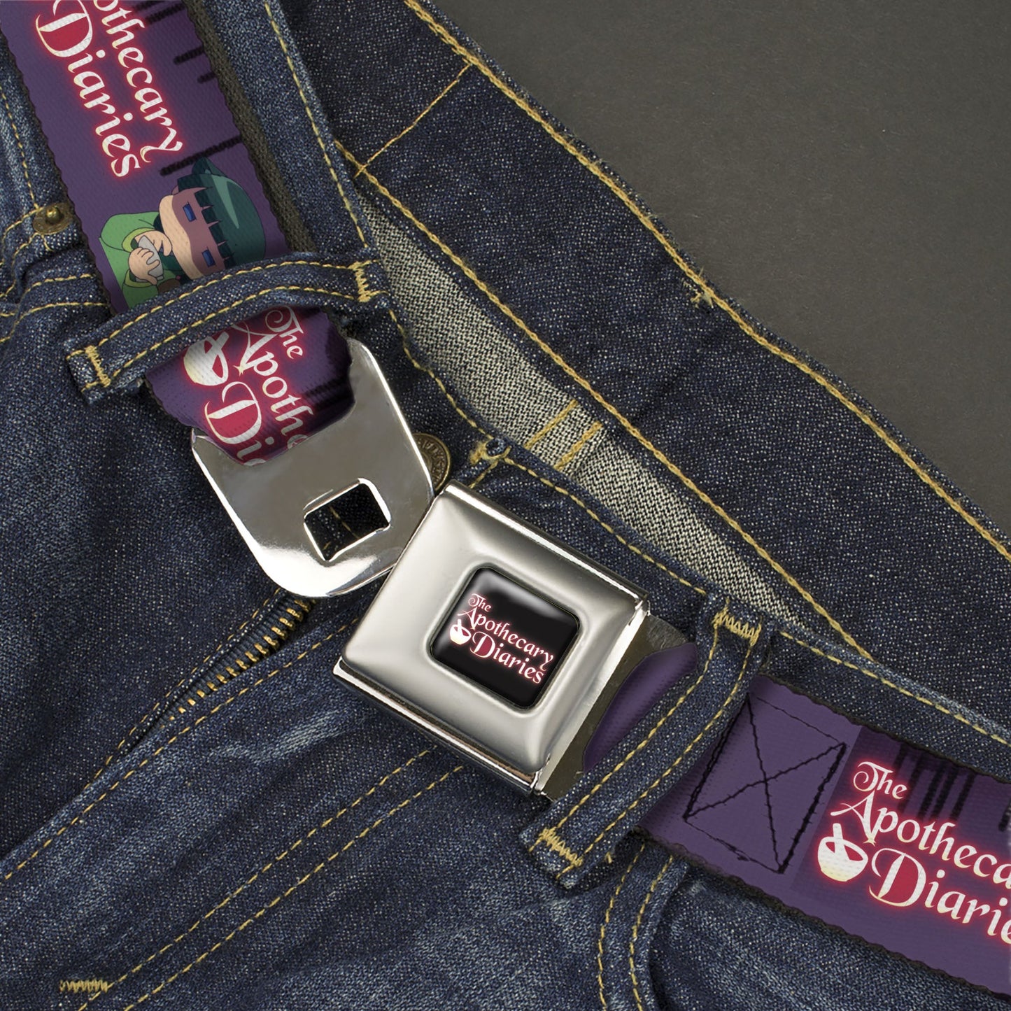 THE APOTHECARY DIARIES Title Logo Full Color Black/Red/White Seatbelt Belt - THE APOTHECARY DIARIES Chibi Maomao Pose and Title Logo Purple Webbing